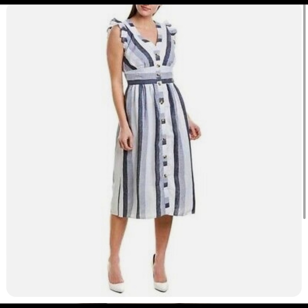 Point Sur J Crew Blue Striped Linen Front Button Blue Summer Midi Dress Size 14